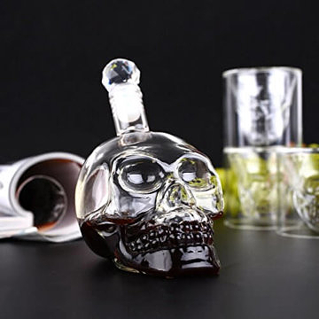  Amzdeal Skull Glas Flasche, Totenkopf Flasche 350ml mit 6 Schädel Gläser 75ml, Schädelflasche mit Whisky Vodka oder Schnapsgläser 3